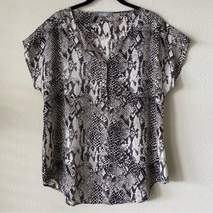 Black and White Snake Print Short Sleeve Blouse, Size M